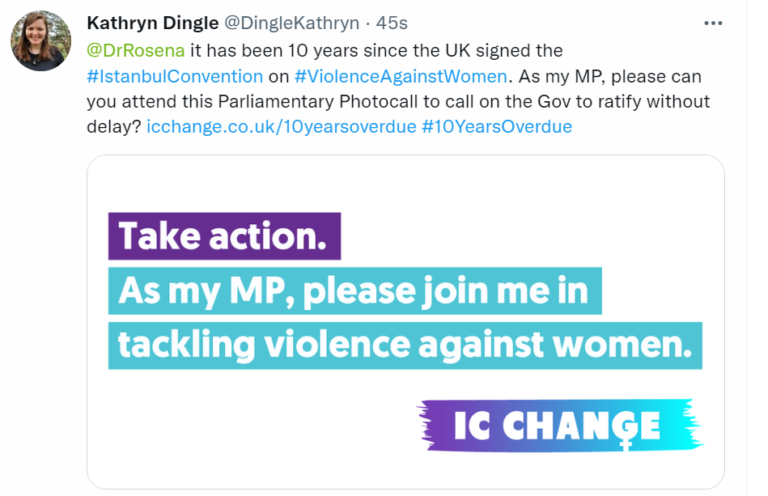 Example of a tweet asking an MP to stand up for women.