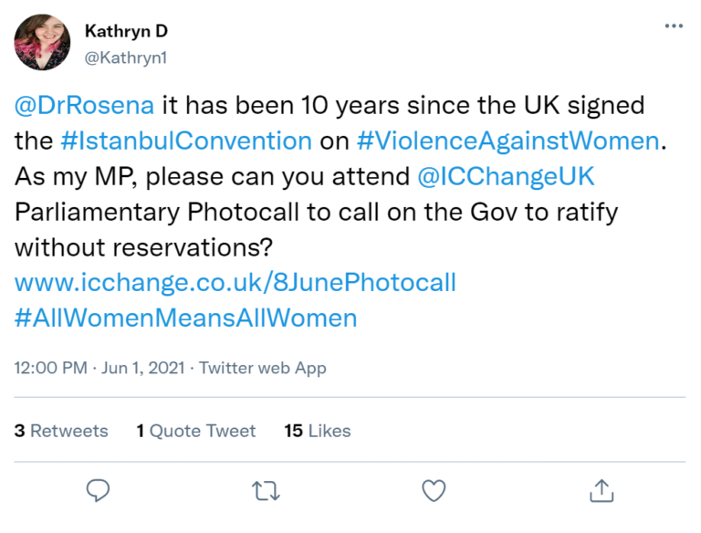 An example tweet calling for their MP to speak out on behalf of women.